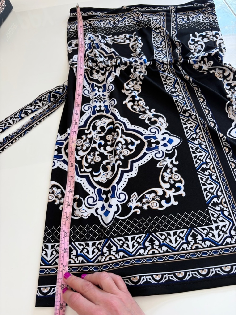 White House Black Market Strapless Black, White & Blue Printed Tie-Waist Dress - Picture 10 of 10
